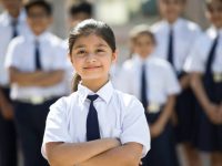 Portrait of confident girl with arms crossed in school uniform